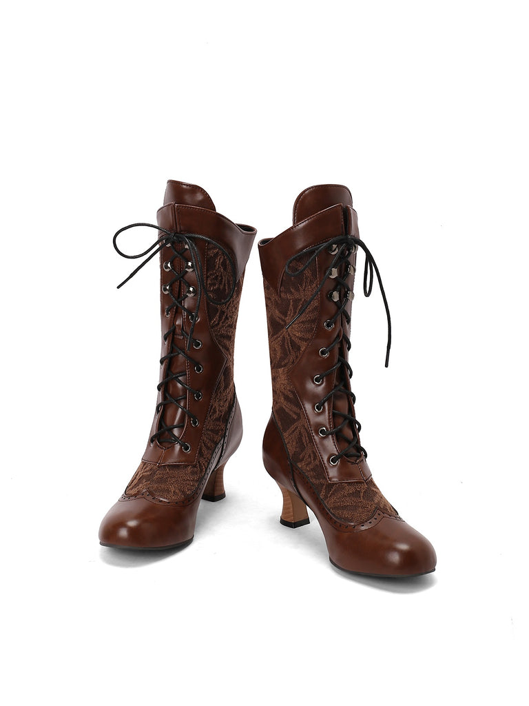 Lace Patchwork Lace-Up Calf-High Boots