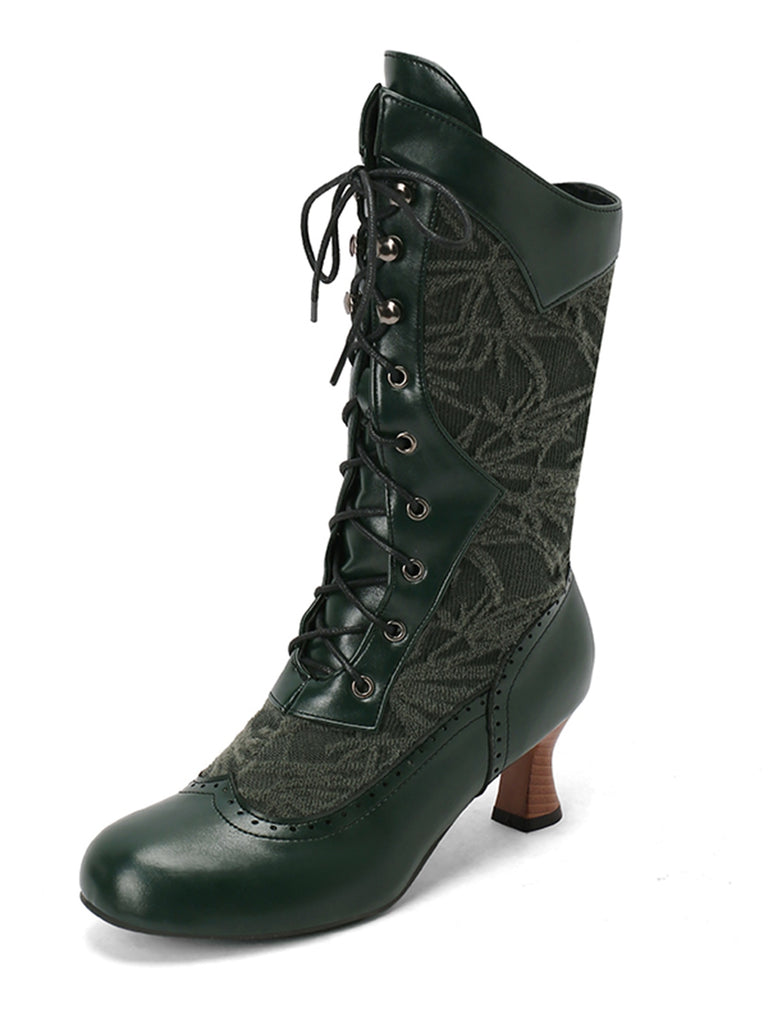 Lace Patchwork Lace-Up Calf-High Boots