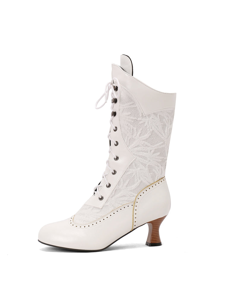 Lace Patchwork Lace-Up Calf-High Boots