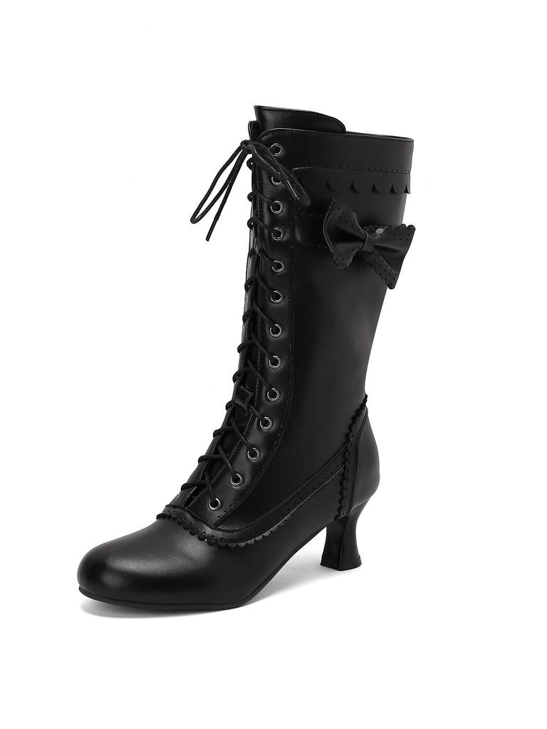 Leather Bow Lace-Up Calf High Boots