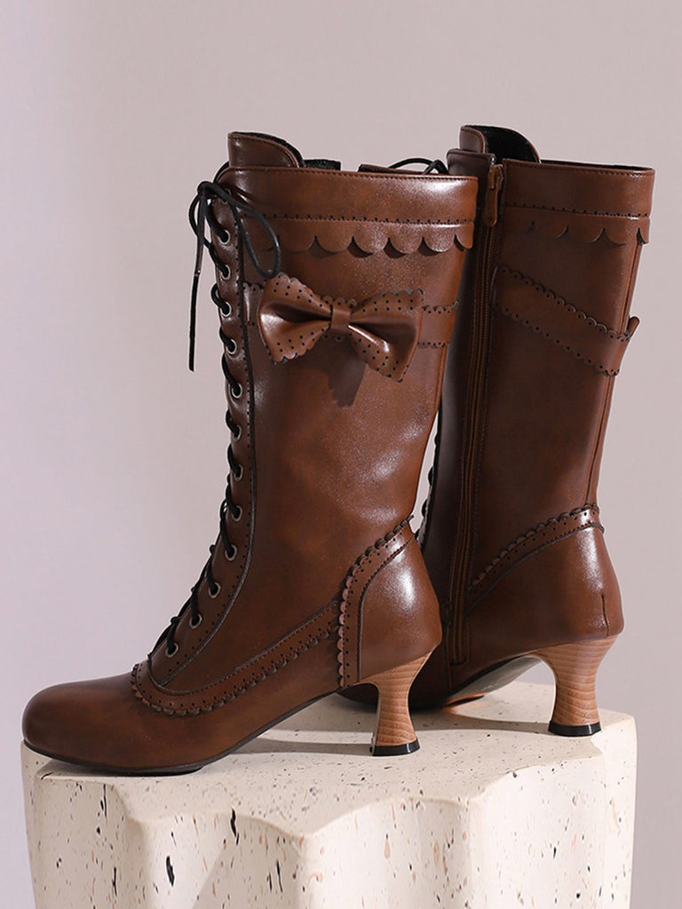 Leather Bow Lace-Up Calf High Boots