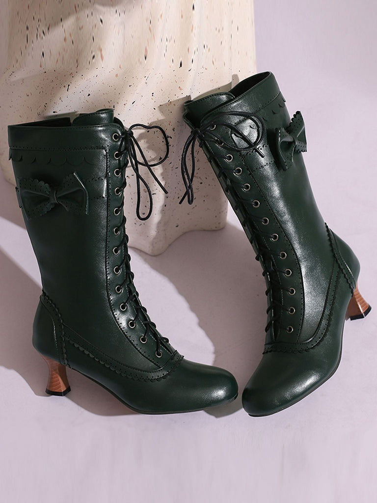 Leather Bow Lace-Up Calf High Boots