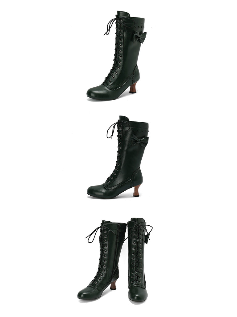 Leather Bow Lace-Up Calf High Boots