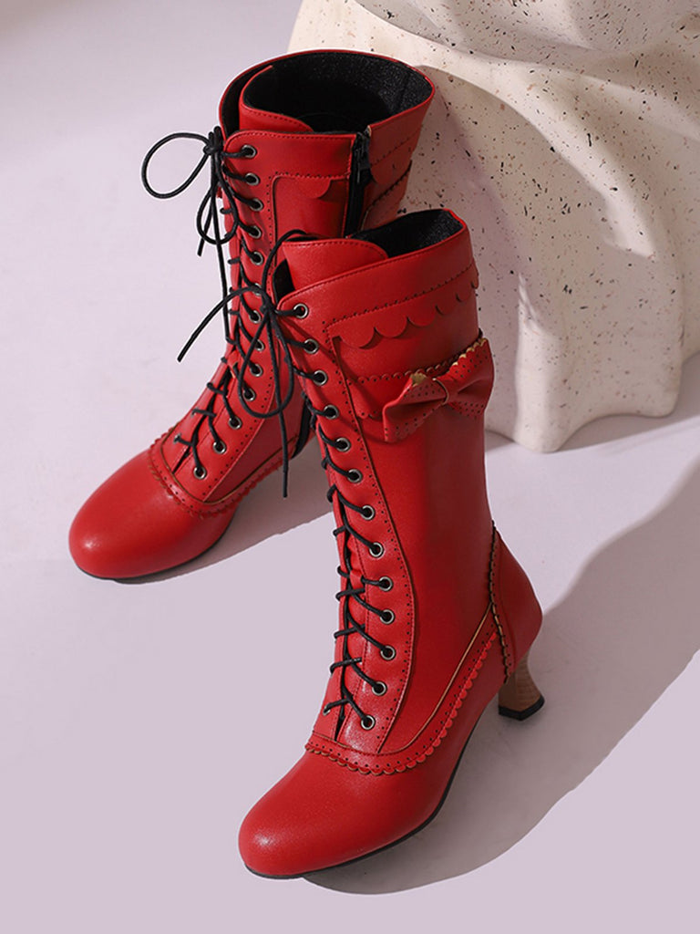 Leather Bow Lace-Up Calf High Boots