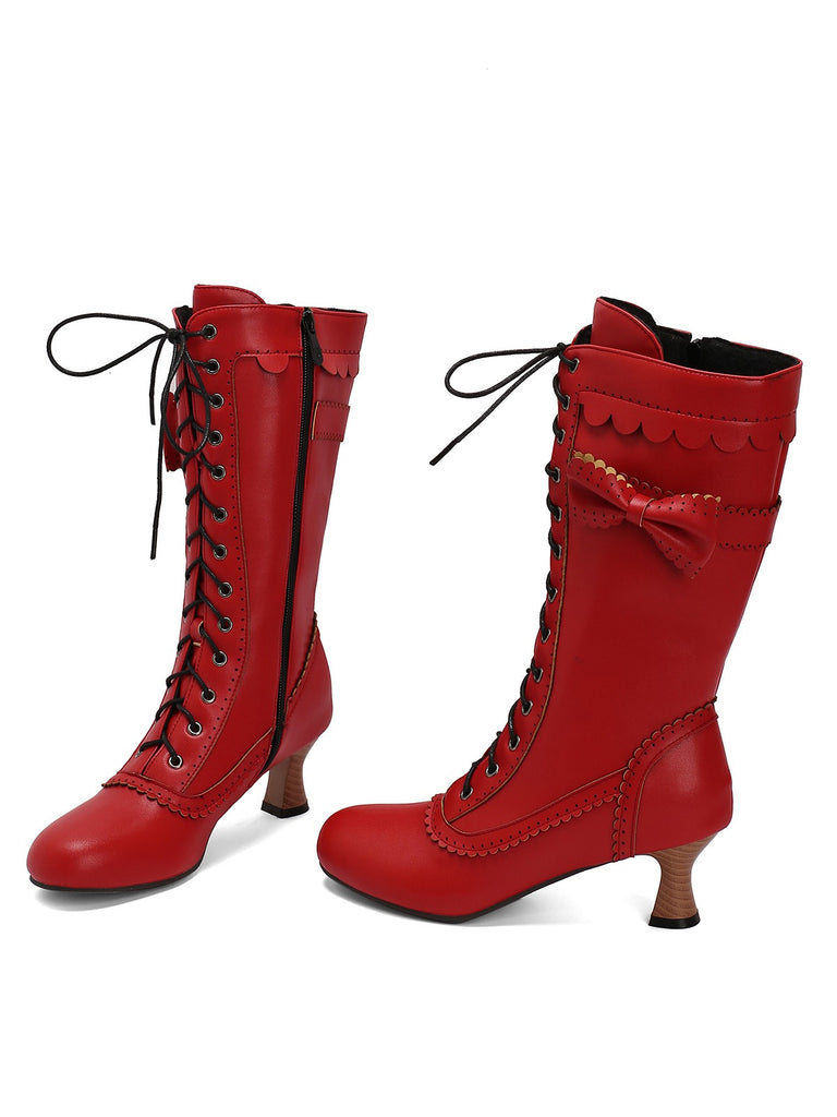 Leather Bow Lace-Up Calf High Boots