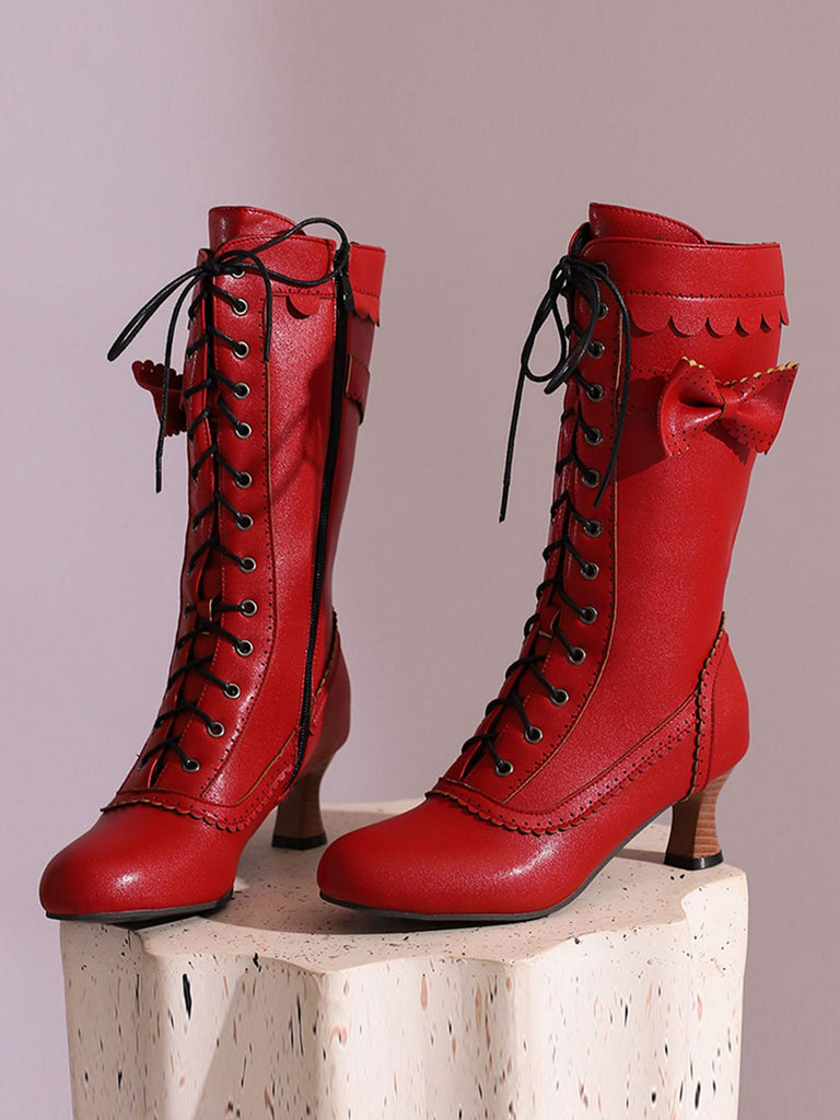 Leather Bow Lace-Up Calf High Boots