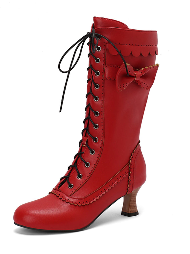 Leather Bow Lace-Up Calf High Boots