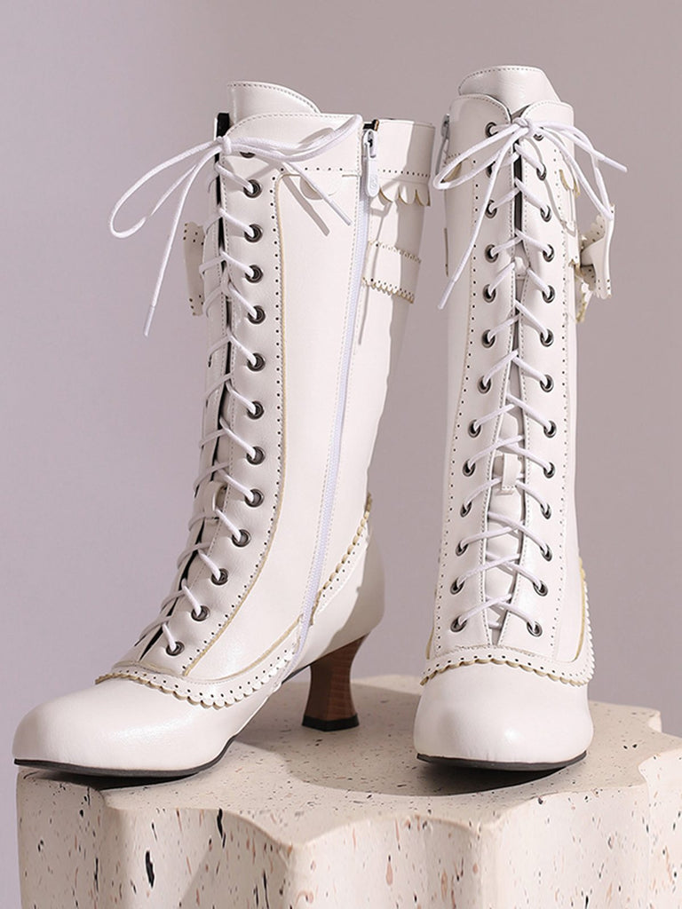 Leather Bow Lace-Up Calf High Boots