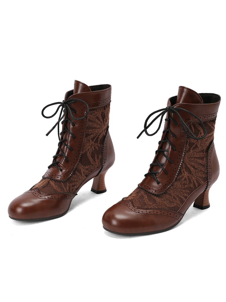 Vintage Leather Solid Lace Heel Boots