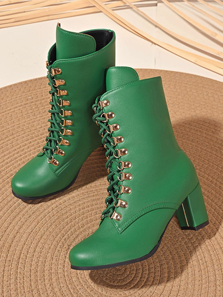 Vintage Lace-Up Ankle Chunky Heel Boots