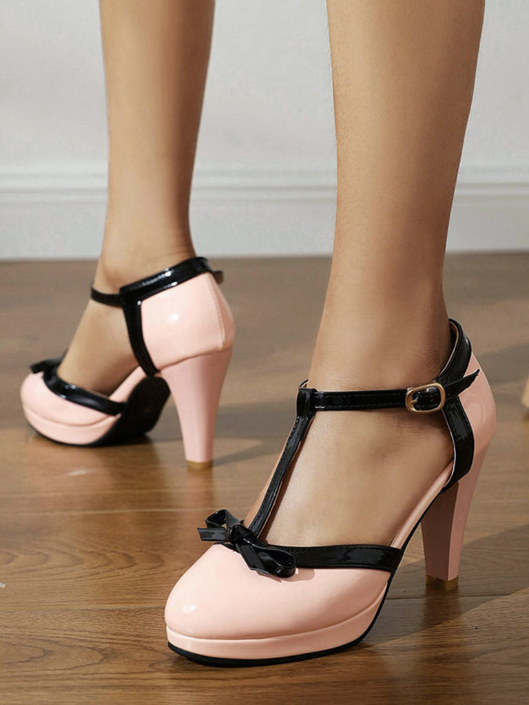 Leather Bow Round Toe Buckle T-Strap Heels