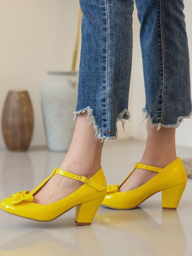 Bow Leather T-Strap Chunky Heel Shoes