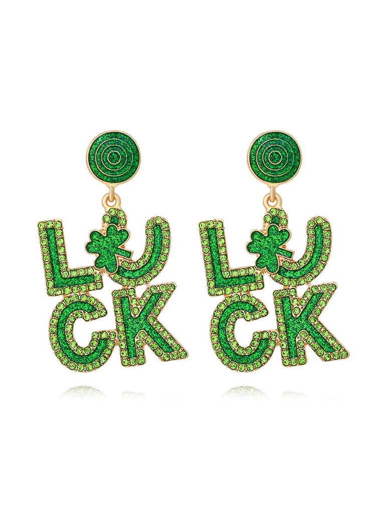 Green Luck Rhinestones Exaggerated Earrings