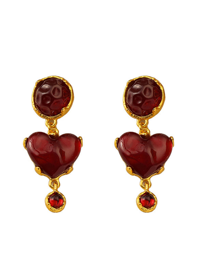 Burgundy Heart Resin Vintage Earrings – Retro Stage - Chic Vintage