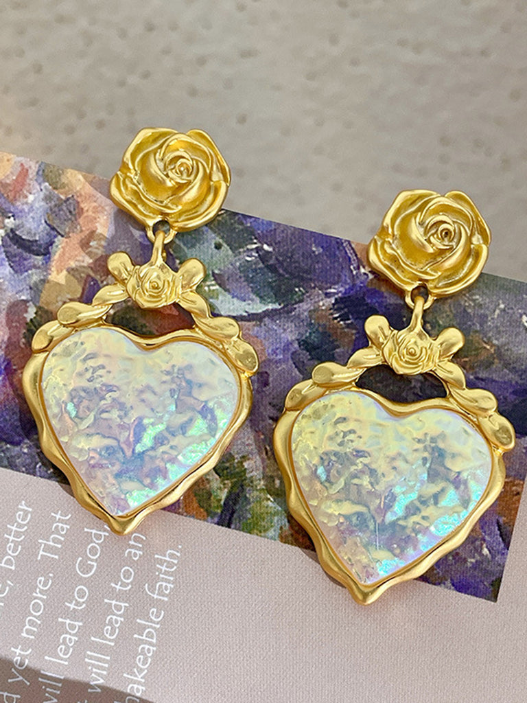 Alloy Rose Reflective Pleated Heart Earrings