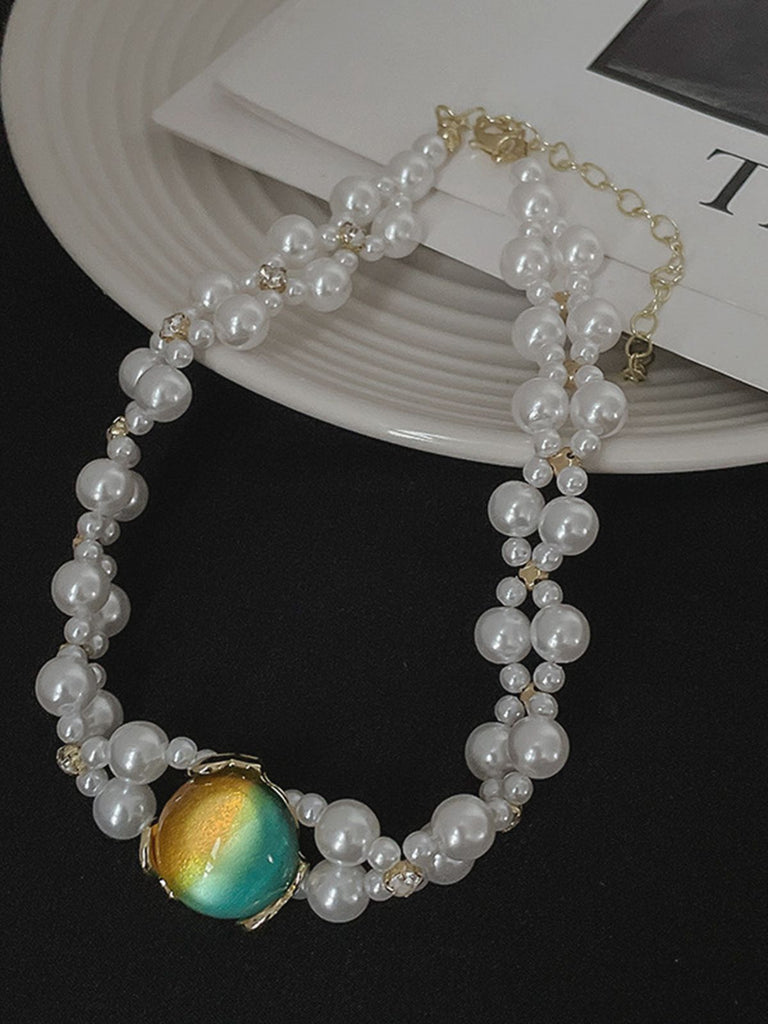 White Pearl & Green Artificial Gemstone Necklace