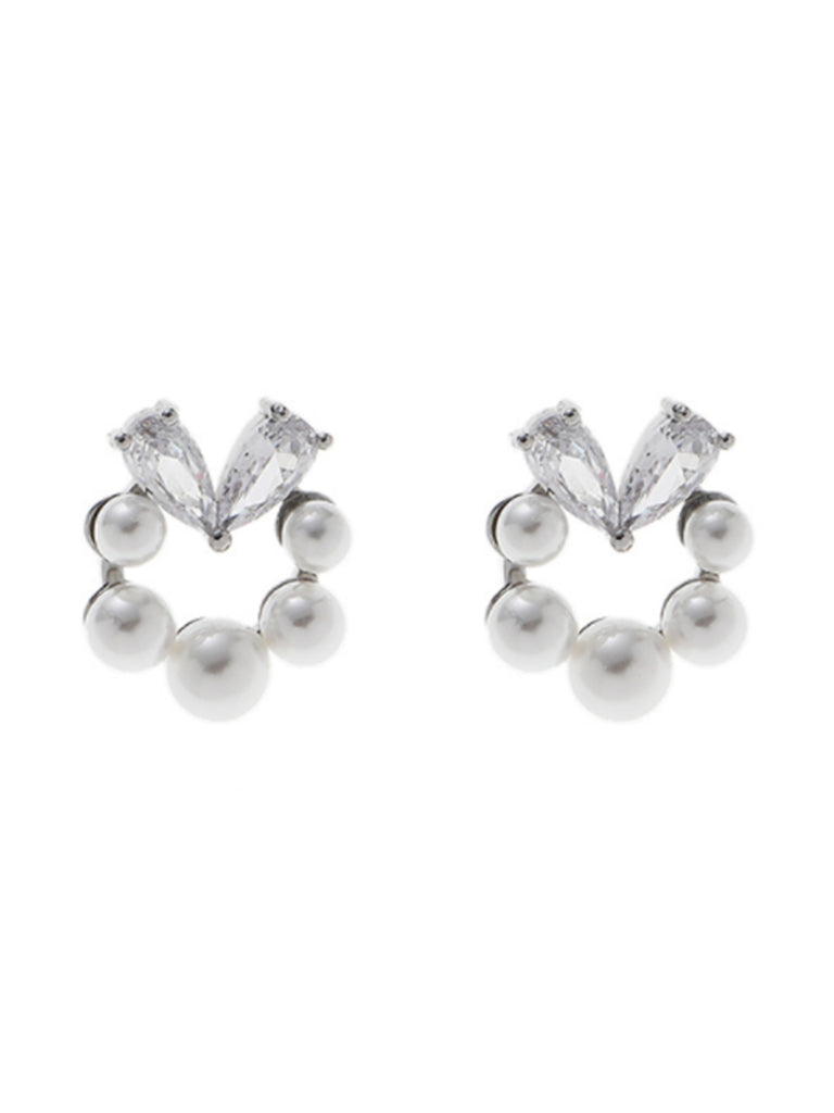 Silver Rhinestoned Pearls Stud Earrings