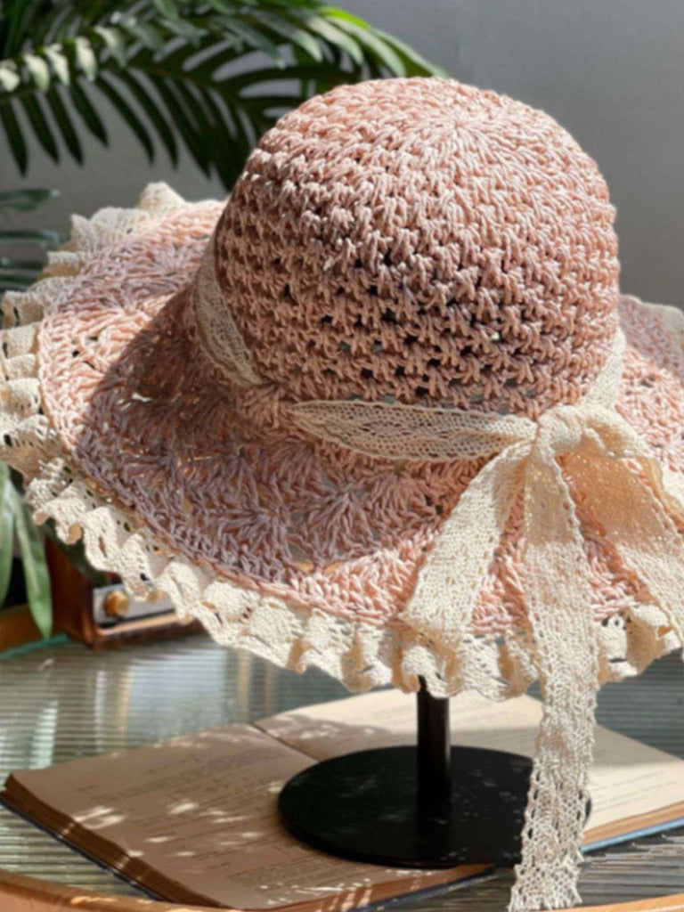 Vintage Knitted Lace Brim Beach Sun Hat Retro Stage