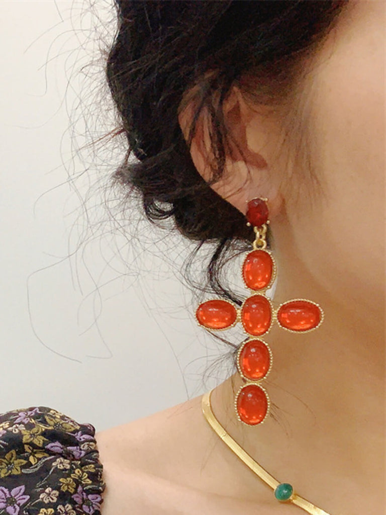 Vintage Ruby Cross Resin Earrings