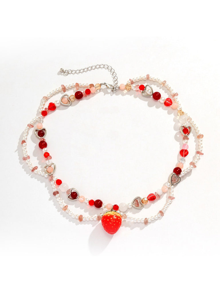 Strawberry & Heart Double Pearl Beads Necklace