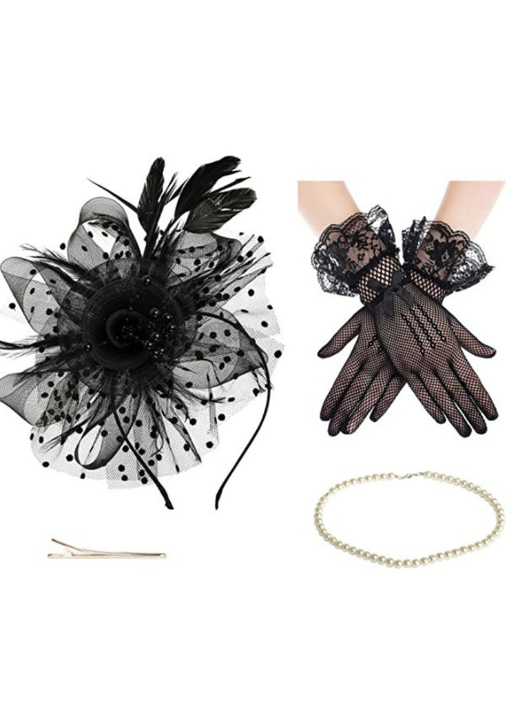 Black Feather Fascinator Hat With Veil & Necklace & Gloves