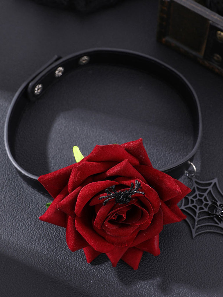 Gothic Spider Web & Rose Choker Collar Necklace