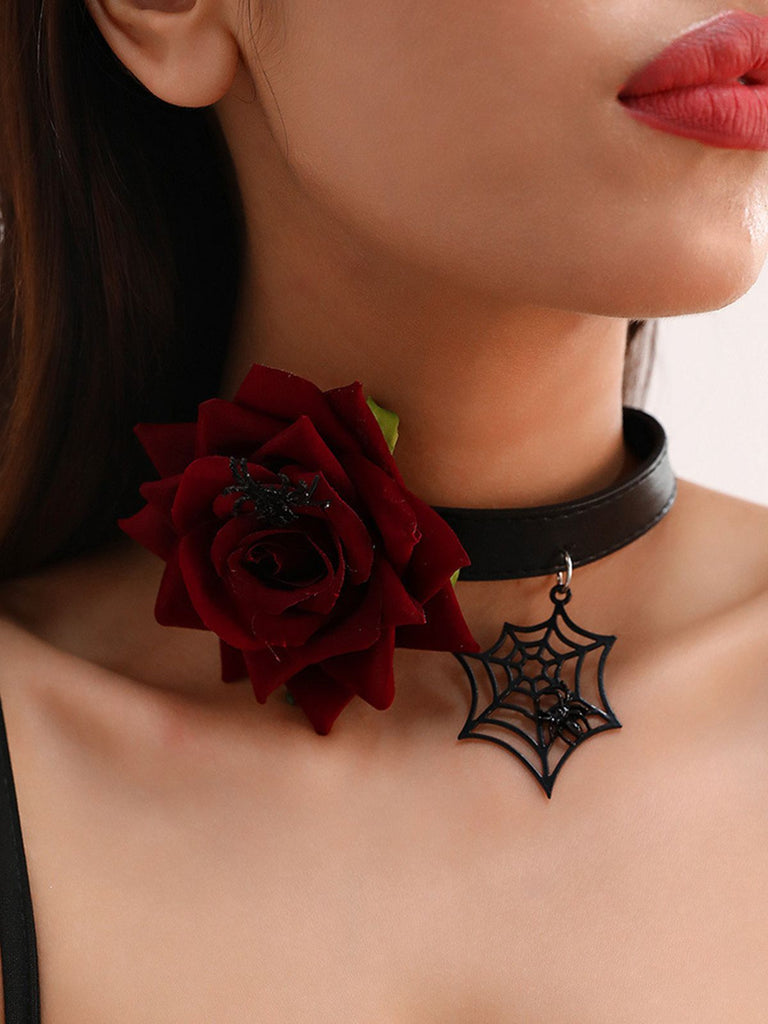 Gothic Spider Web & Rose Choker Collar Necklace