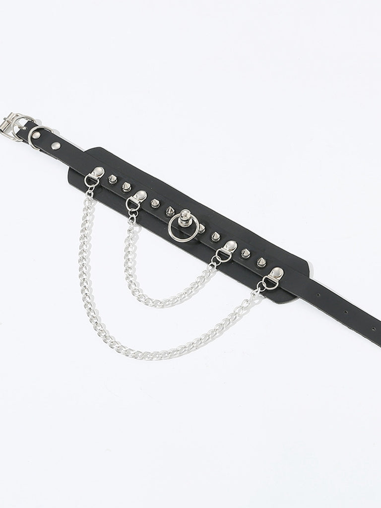 Black Leather Gothic Necklace with Spikes