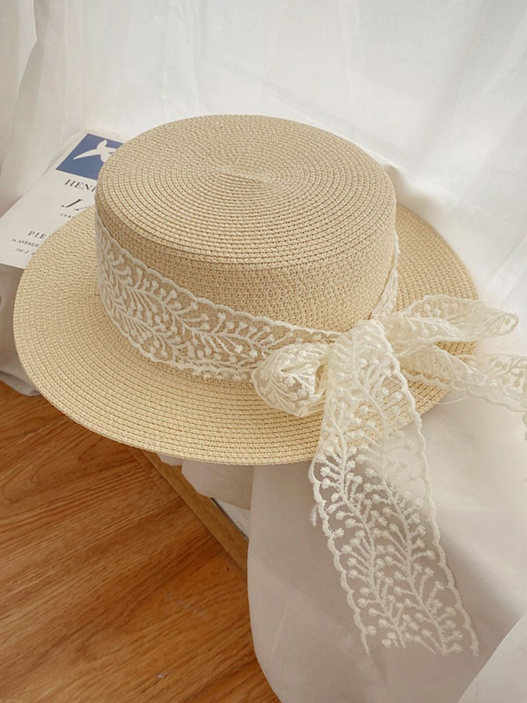 Light Khaki Vintage Ribbon Straw Sun Hat