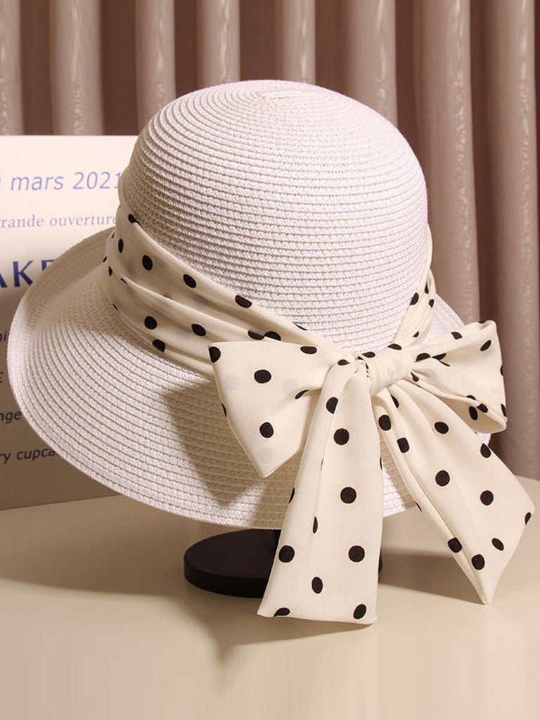 Polka Dot Ribbon Bow Tie Straw Hat