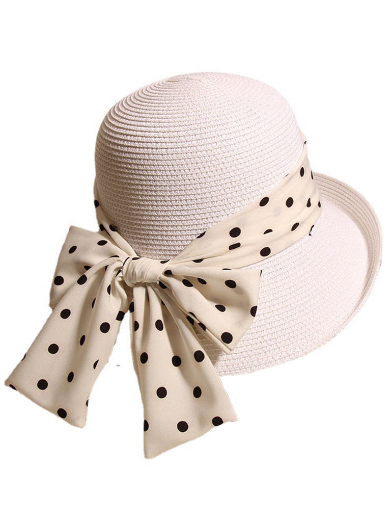 Polka Dot Ribbon Bow Tie Straw Hat