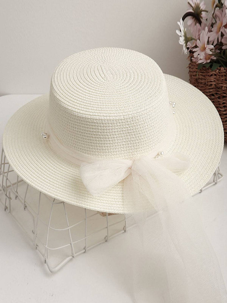 Vintage Pearl Sheer Ribbon Ruffia Hat