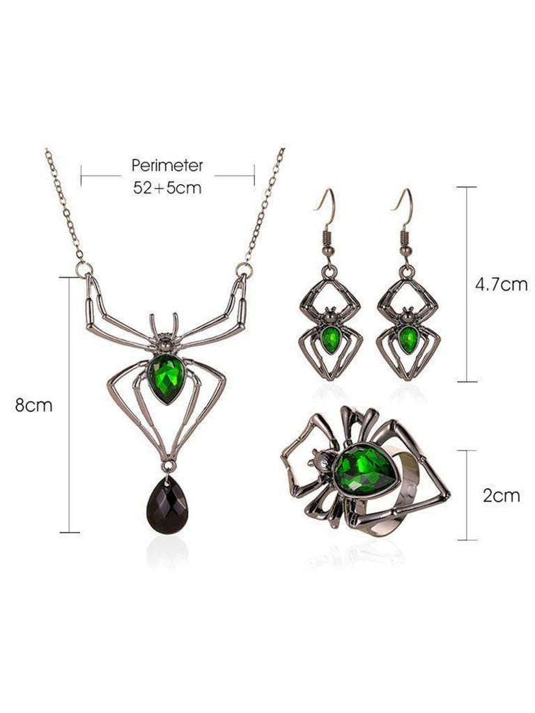 3PCS Green Spider Necklace & Earrings & Ring Set