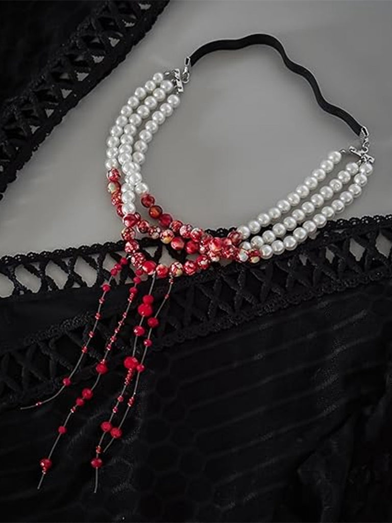 White & Red Halloween Layered Faux Pearls Thigh Chain