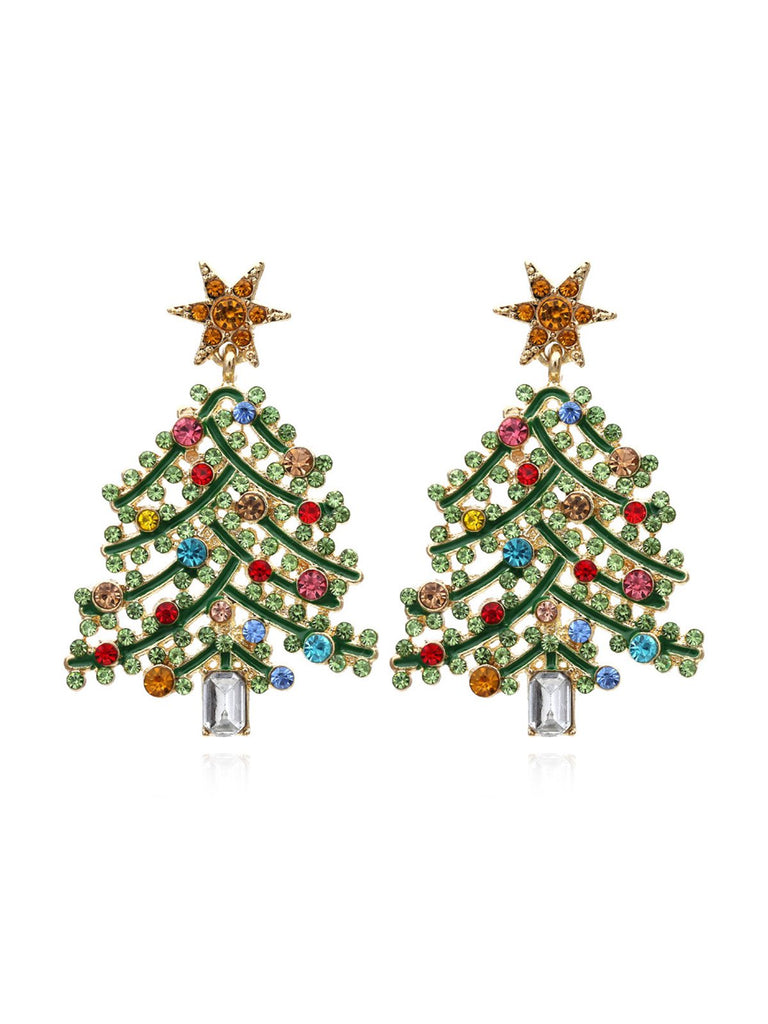 Green Christmas Tree Rhinestones Earrings