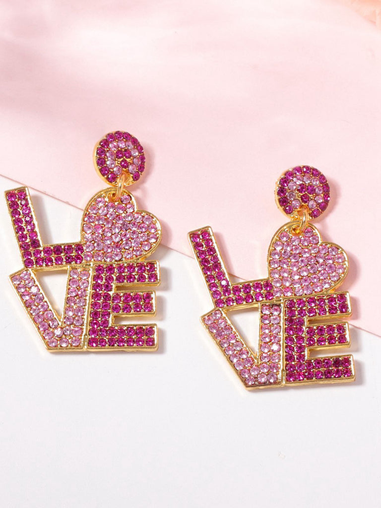 Purple Rhinestone LOVE Letters Dangle Earrings