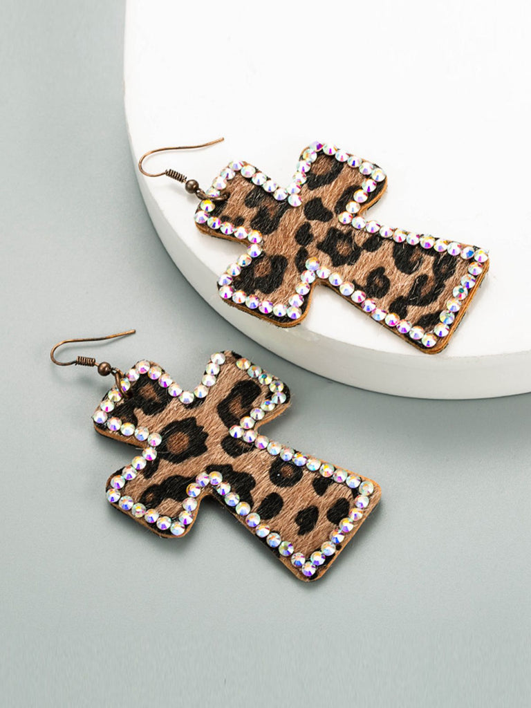 Leopard Rhinestones Cross Pendant Earrings