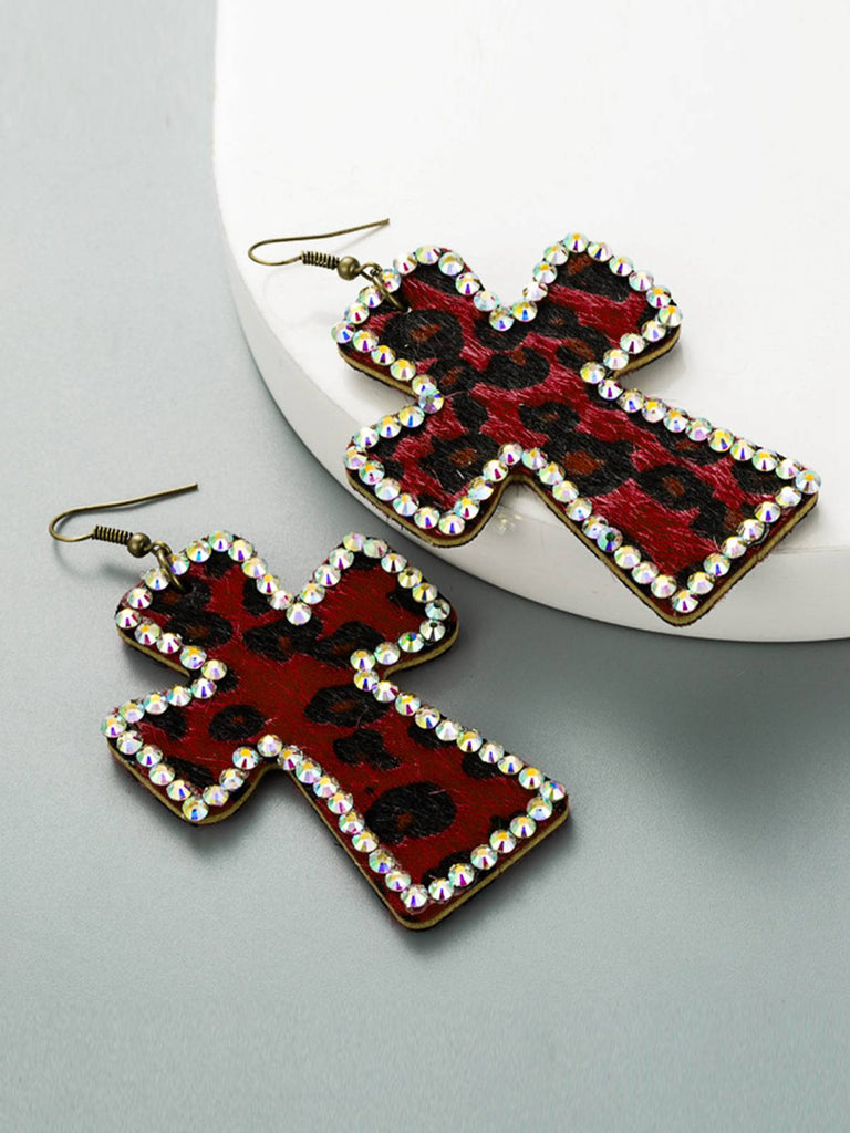 Leopard Rhinestones Cross Pendant Earrings