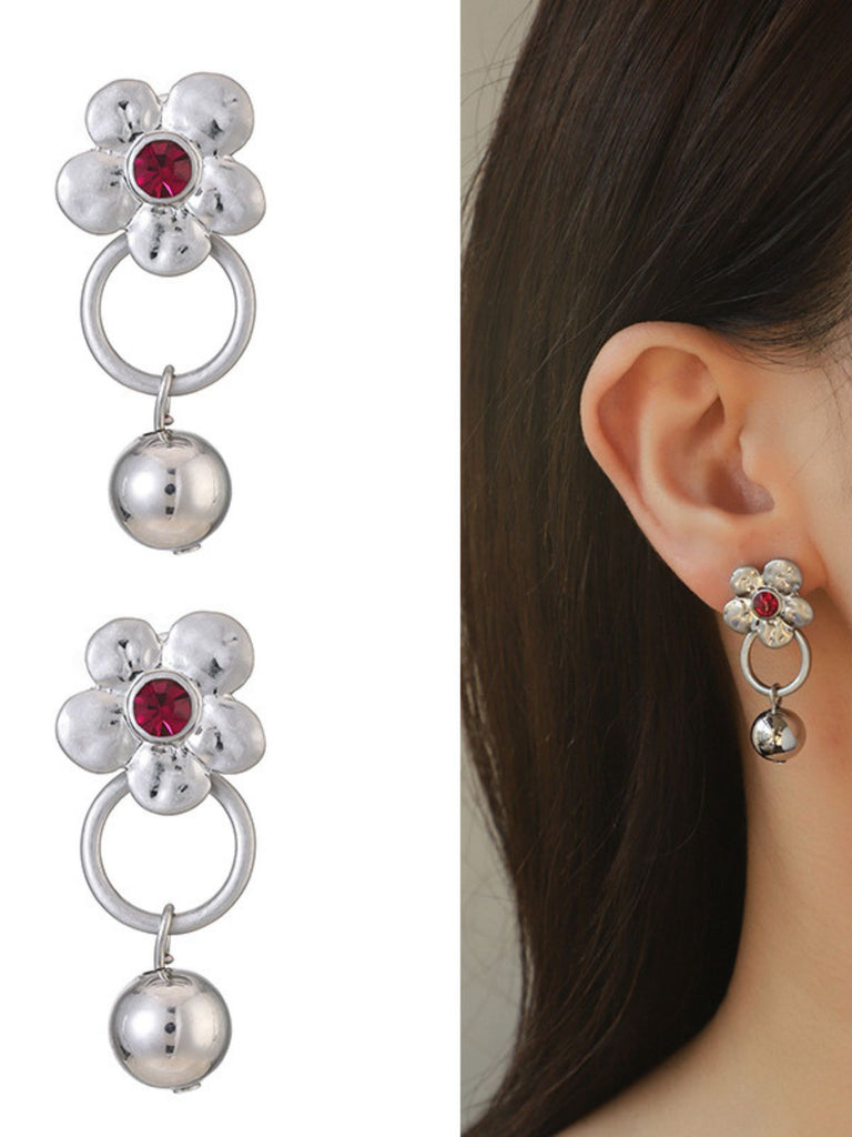 Silver & Red Rhinestone Flower Bell Earrings