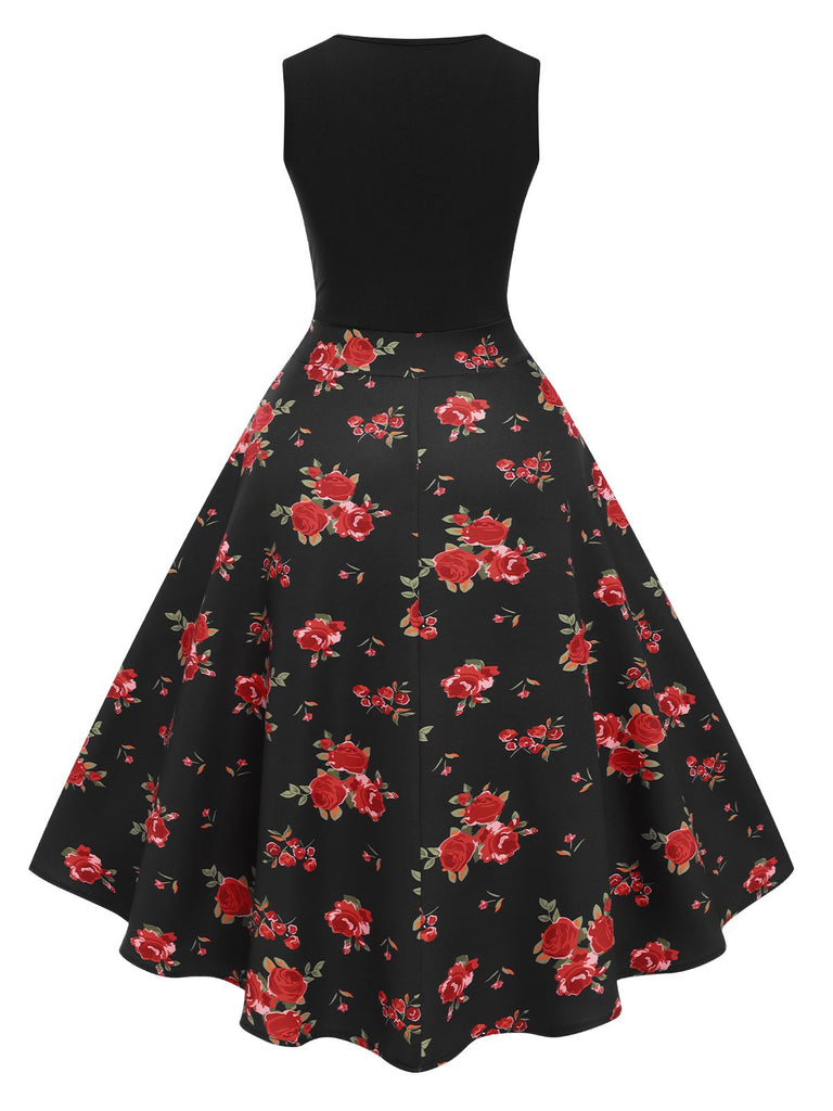 Black 1950s Floral Swing Dress