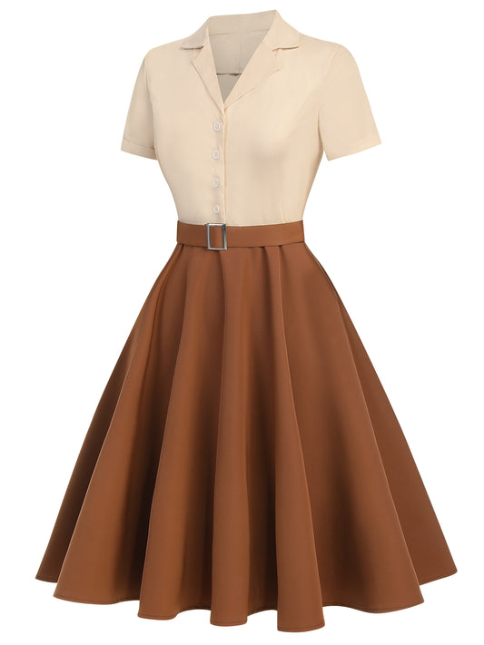 Khaki 1950s Snow White Style Button Dress