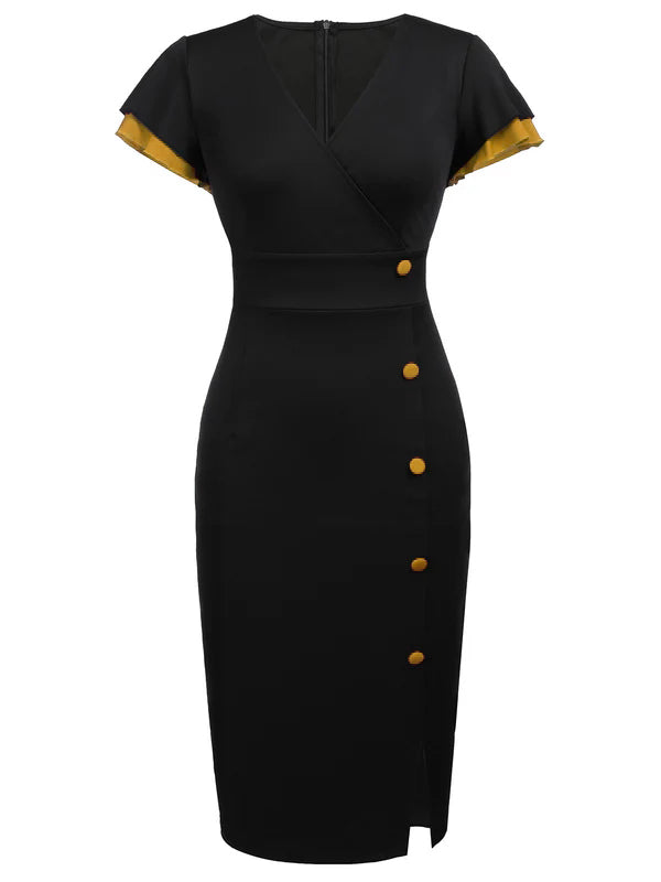 [Pre-Sale] Black 1960s Button Slit Bodycon Dress