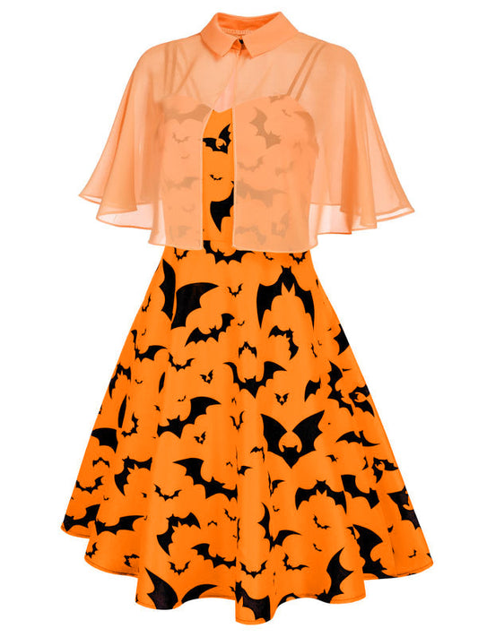 Orange 1950s Cape Patchwork Swing Dress