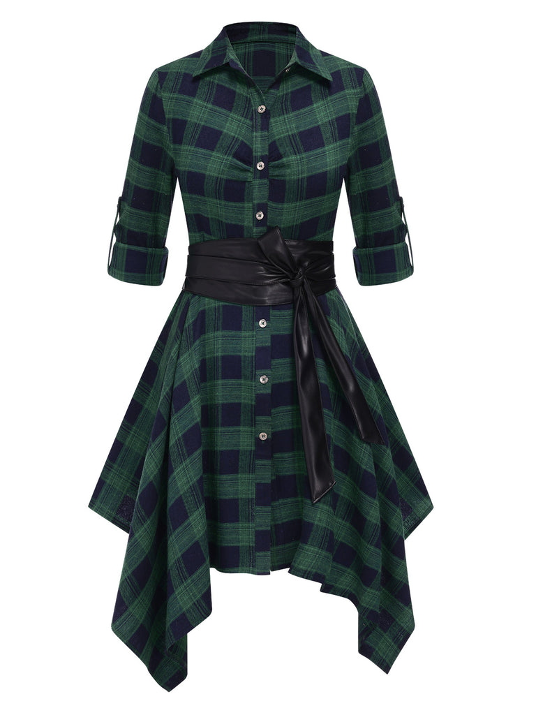 1950s 3/4 Sleeve Plaid Belt Dress