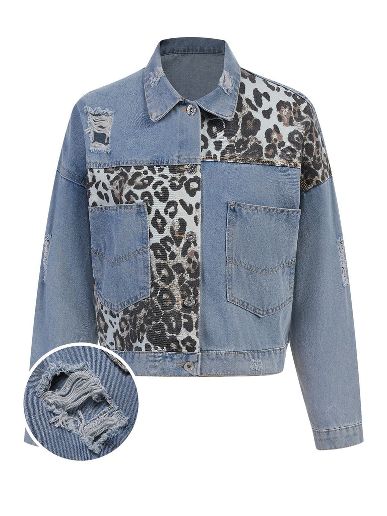 Retro 1980s Leopard Patchwork Denim Jacket