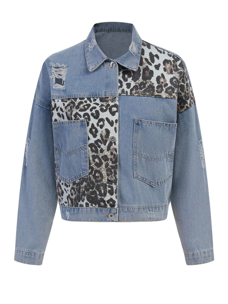 Retro 1980s Leopard Patchwork Denim Jacket