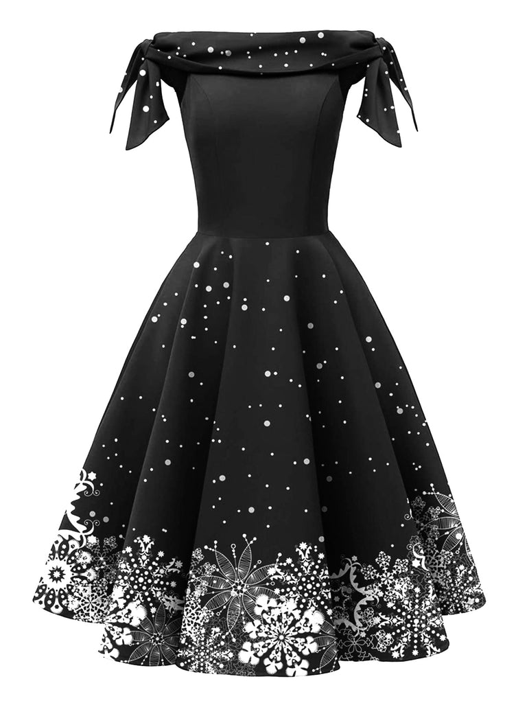 [Pre-Sale] Black 1950s Christmas Snowflake Off-Shoulder Dress