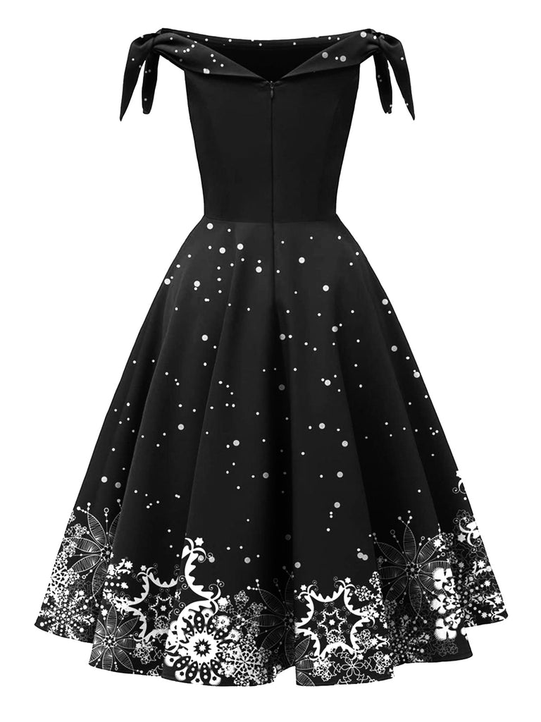 Black 1950s Christmas Snowflake Off-Shoulder Dress