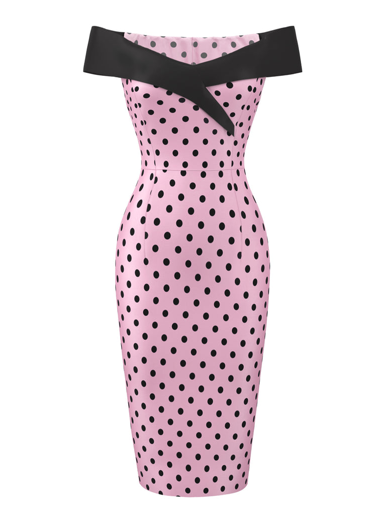 [Pre-Sale] Pink 1960s Off-shoulder Dots Pencil Dress