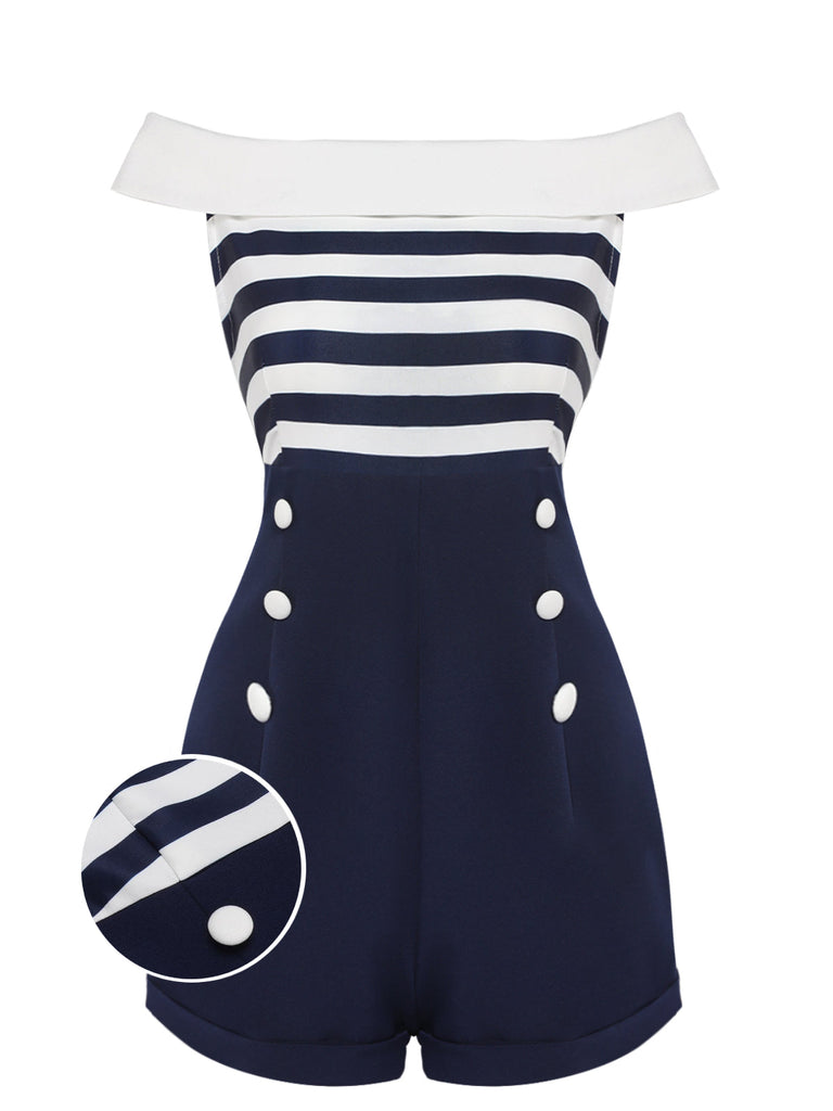 Navy Blue Patchwork Off-shoulder Striped Romper